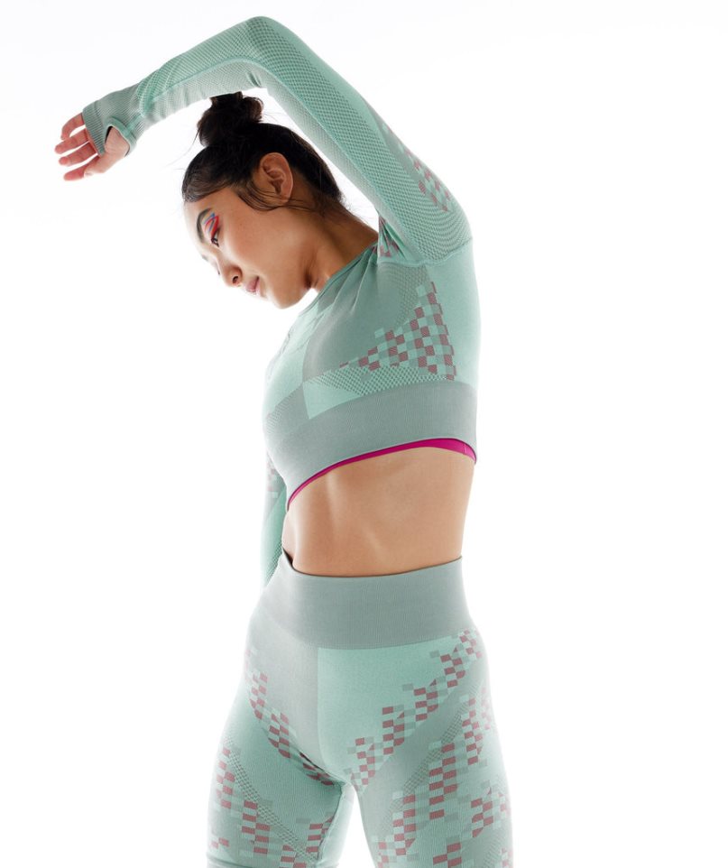 Women's Gymshark Wtflex Cyborg Seamless Long Sleeve Cropped Tops Green | CA 18DN7A